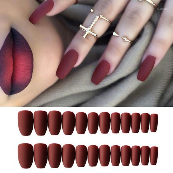 

24pcs wine red matte coffin ballerina false nail art tips with glue acrylic full cover fake nails manicure press on tools1, Red;gold