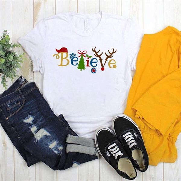 

believe deer printed womens short sleeve loose tee clothes graphic, White