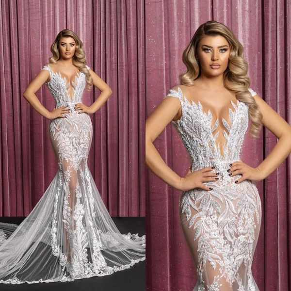 

2022 lace mermaid wedding dresses bridal gowns sheer v neck appliqued country vestidos de novia, White