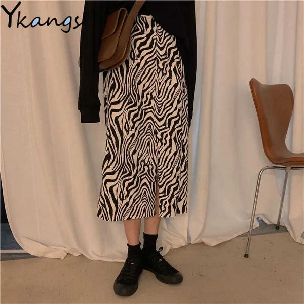 

zebra stripe women slit midi skirt harajuku high waist straight animal print female bottom skirt party night club ladies skirt 210619, Black
