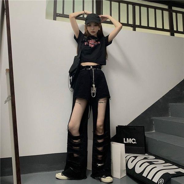 

summer black high waist jeans pants women hip-hop street ripped beggar straight loose trend y470 women's, Blue