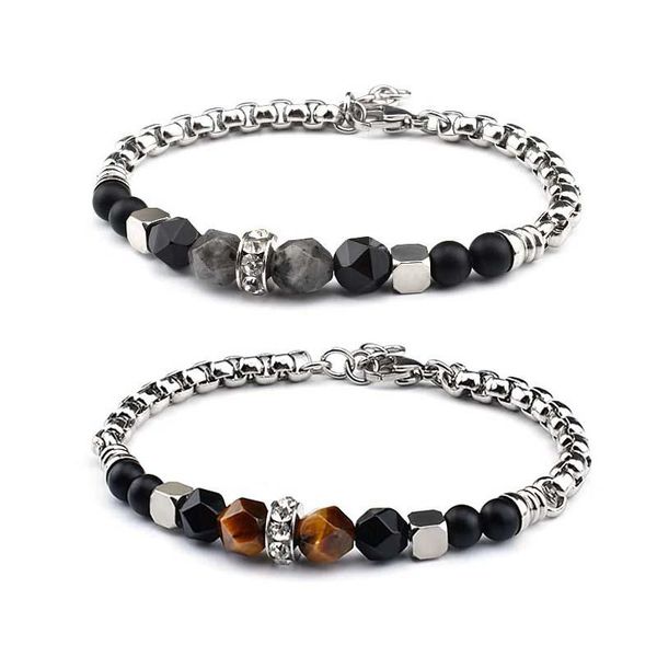

link, chain vintage tiger eye stone zircon beads bracelets stainless steel thick fashion men jewelry accessories, Black