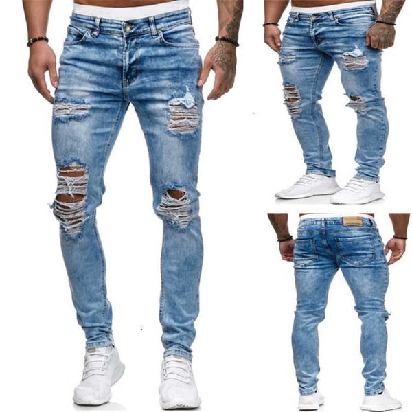 

men's jeans autumn designer fashion casual mid waisted washed and ripped pencil street style mens pants kkag, Blue