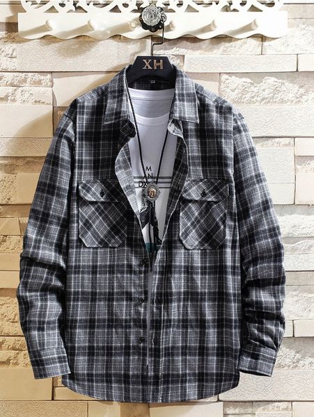 

men plaid print flap pocket shirt without tee d8yl#, White;black