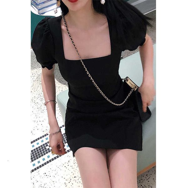 

luxury party evening dress square neck bubble black short sleeve pleats show thin korean version simple short hip wrap small daily 2021 styl, White;pink