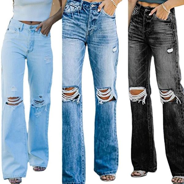 

women's jeans summer high waist shows thin fashion broken holes loose woman, Blue