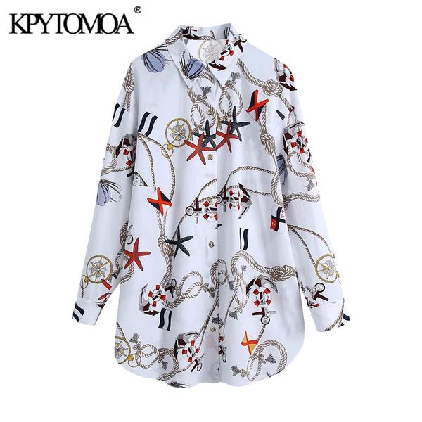 

women fashion oversized printed button-up blouses vintage long sleeve side vents female shirts blusas chic 210416, White