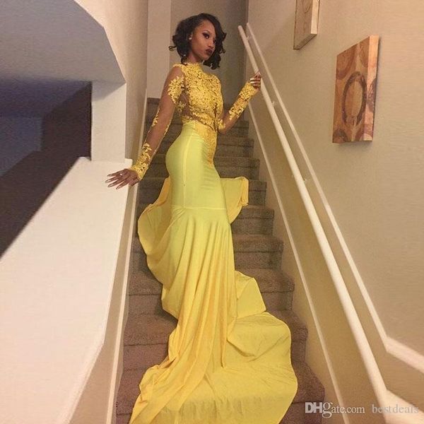 

african black girls yellow mermaid prom dresses 2021 court train appliques lace long sleeve prom dress evening party gowns