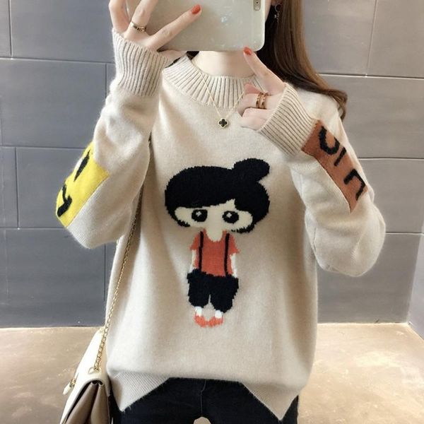 

women's sweaters autumn winter women sweater 2021 round neck pullover large size loose fashionccasual cartoon coat, White;black