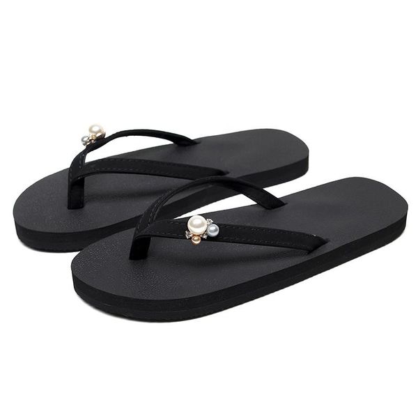 

slippers pearl flip flops women all -match beach shoes summer non-slip clip foot sandals chaussures plates bathroom, Black
