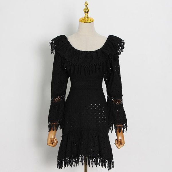 

casual dresses excellent quality fashion 2021 designer runway round neck ruffled fringe stitching hollow dress, Black;gray
