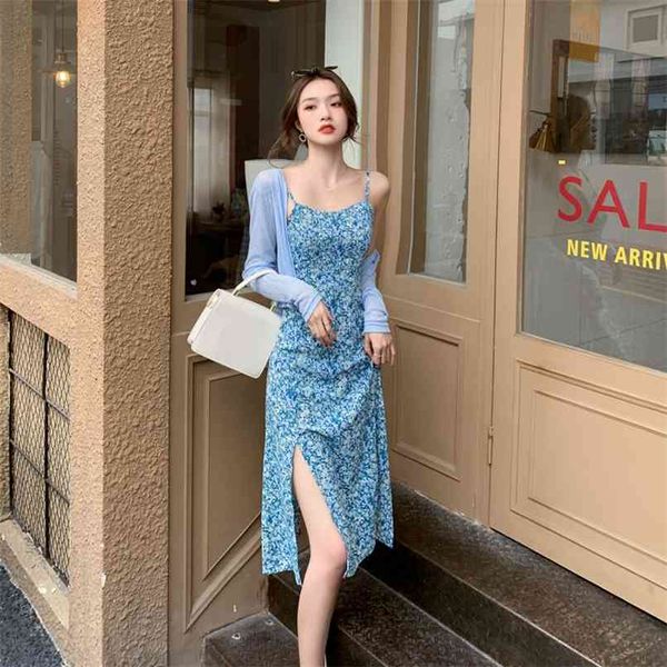 

chiffon floral sling dress female + french net red cardigan summer korean fashion women's clothing 210520, Black;gray