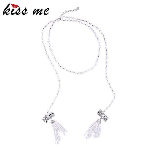 

pendant necklaces kissme long simulated pearls beads chain crystal bowknot tassel necklace fashion jewelry, Silver