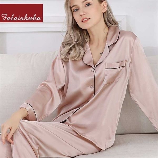 

silk pajama's 100% mulberry real satin 2pcs suit home clothes long-sleeved autumn sleepwear sets pijama gift 211116, Black;red