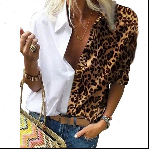 

fashion style v neck leopard women blouses print long sleeved stitching casual womens plus size, White