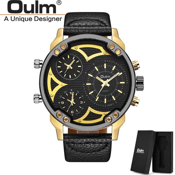 

wristwatches oulm hp3548a three time zone sport male quartz watch men's leather strap wristwatch large dial men military watches, Slivery;brown
