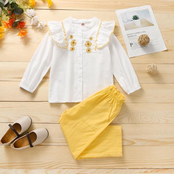 

clothing sets summer toddler girl clothes fashion korean baby girls set flower embroidery ruffle shirt+ yellow trousers, White