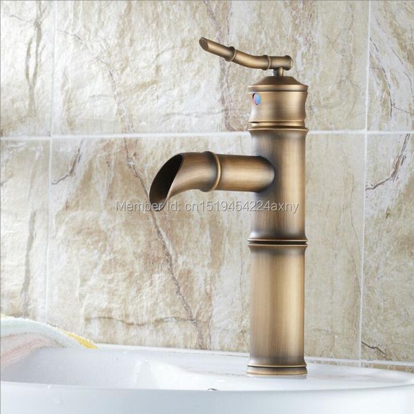 

bathroom sink faucets 10" bamboo design single handle antique copper basin faucet waterfall spout vanity mixer tap gi40