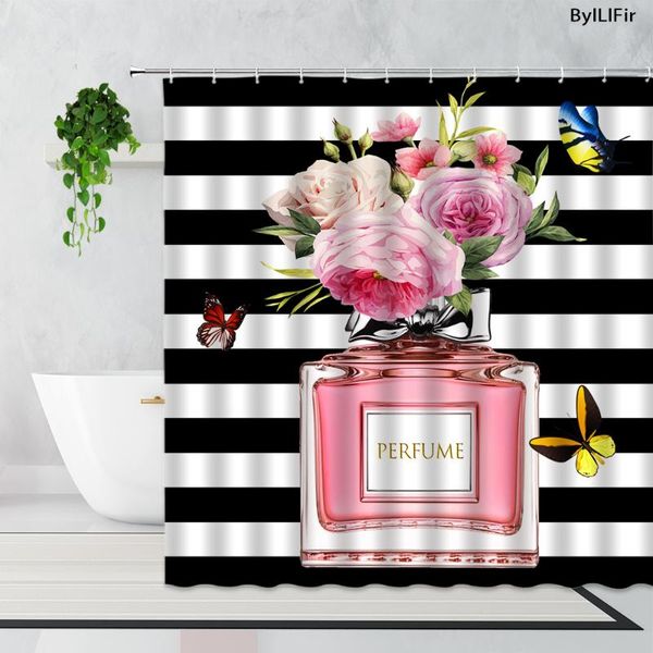 

shower curtains black white stripes perfume flowers butterfly curtain modern fashion maiden waterproof bathroom bath with hooks