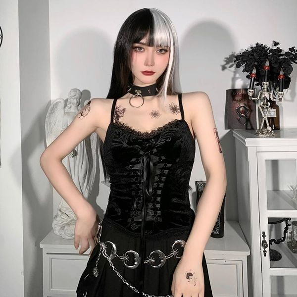 

women's tanks & camis cozok goth lace up black vintage bandage velvet corset aethetic trim women backless basic camisole, White