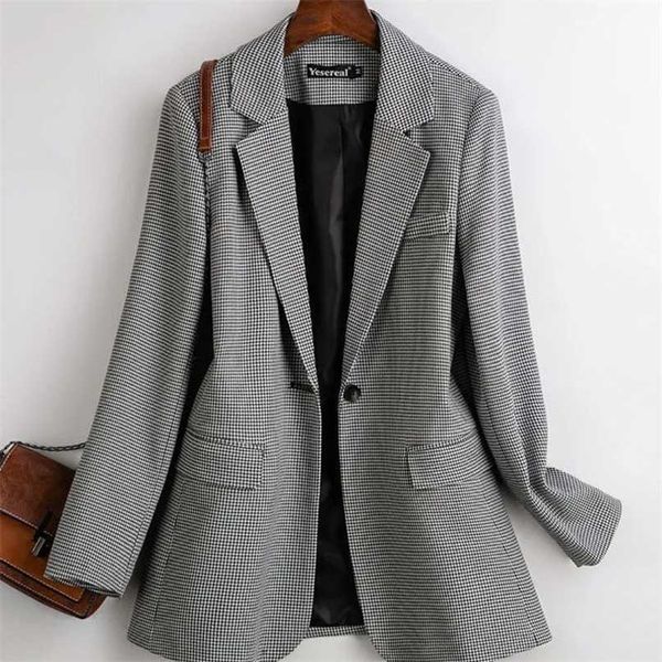

peonfly vintage double breasted office ladies plaid blazer loose single button coat jacket women blazers female plus size 211019, White;black