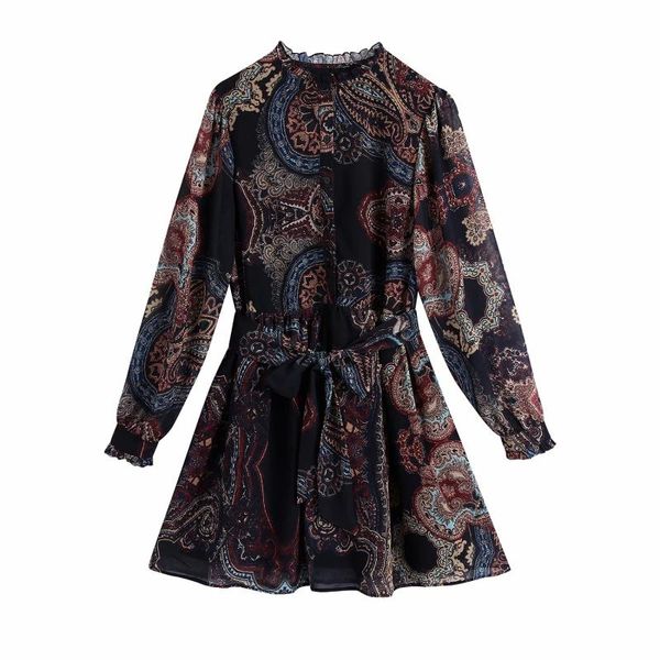 

vintage chic print bow sashes mini chiffon dress women fashion o-neck long sleeve dresses vestidos mujer casual, Black;gray