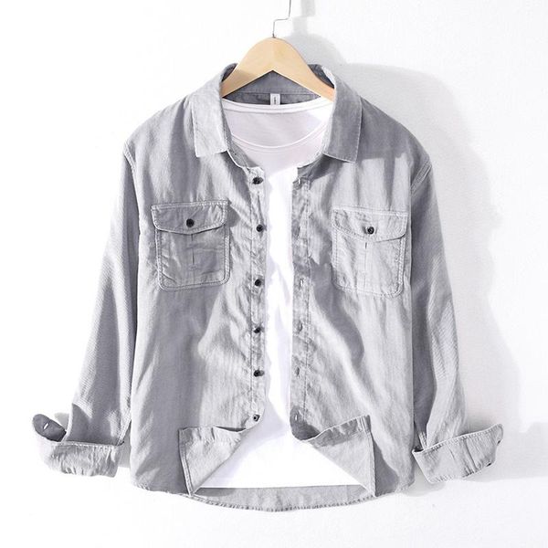 

men's casual shirts spring autumn fashion solid color multi pocket japan harajuku style thick corduroy men vintage wild slim fit, White;black