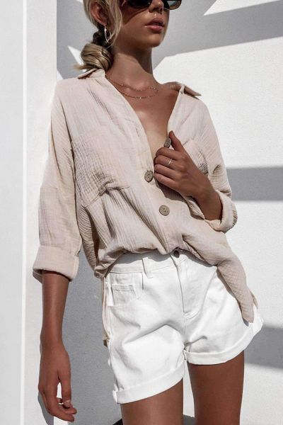 

fashion t-shirts solid button bf wind cotton linen shirt women's top, White