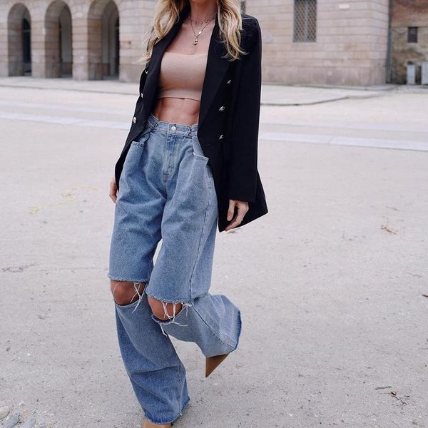 

women's jeans baggy ripped loose straight light blue wide leg high waist flared mom jean 2021 summer casual white pants female trousers