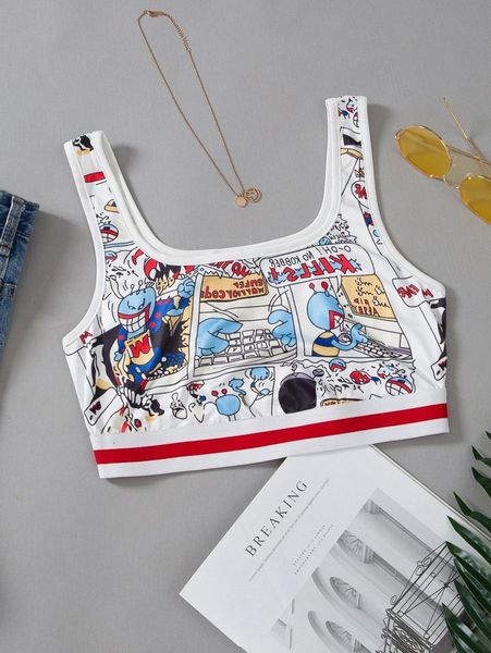 

cartoon & letter graphic crop tank c9mf#, White
