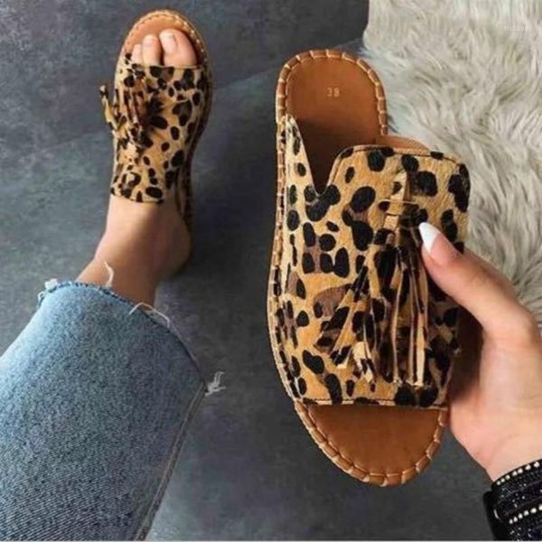 

summer women flat slippers women's fashion tassel comfortable shoes woman leopard sewing open toe footwear plus size1, Black