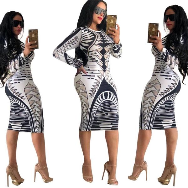 

women's wool & blends print long sleeve nightclub dress in autumn and winter, Black