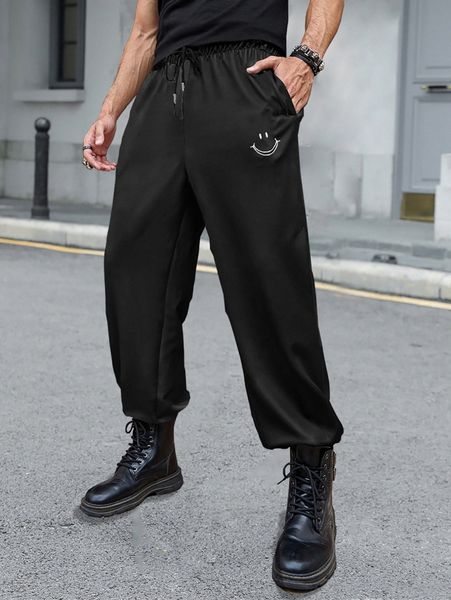 

men expression print drawstring waist sweatpants 03zw#, Black