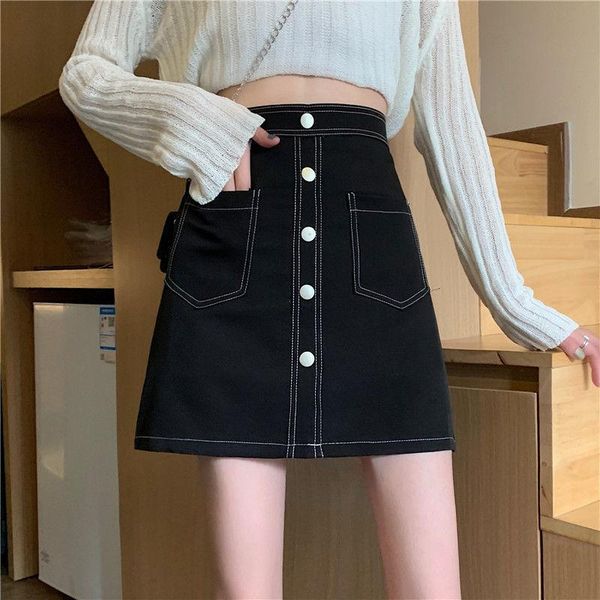 

skirts black breasted open line decorative skirt high waist a-line hip student woman mini plus size jean