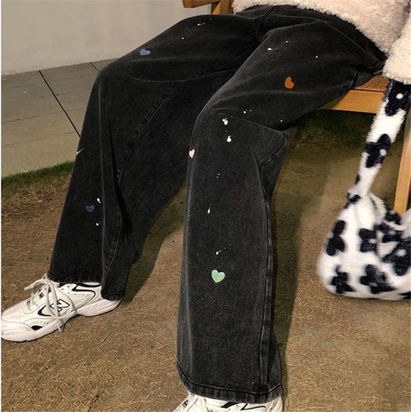 

love embroidery black women's jeans spring korean high-waist streetwear casual straight pants fashion loose wide leg trousers, Blue