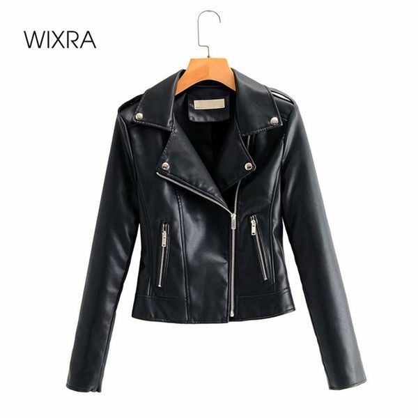

wixra autumn short soft faux leather jacket womens classic zipper motorcycle pu street coat for female 210419, Black
