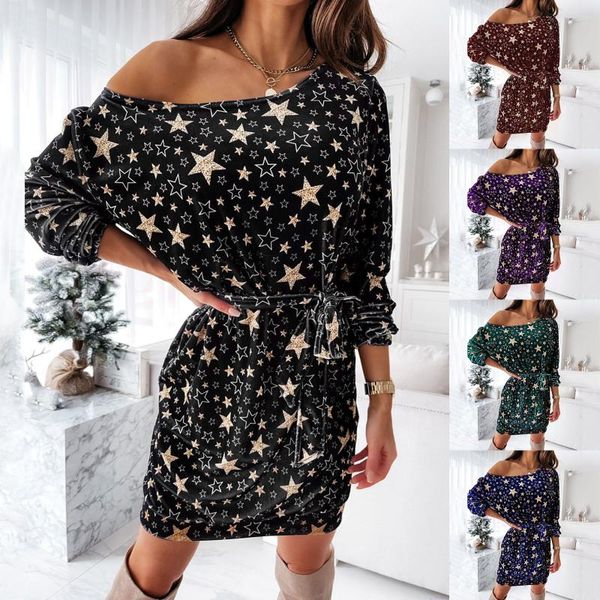 

casual dresses party for women fashion womens loose long sleeve christmas star print dress vestido, Black;gray