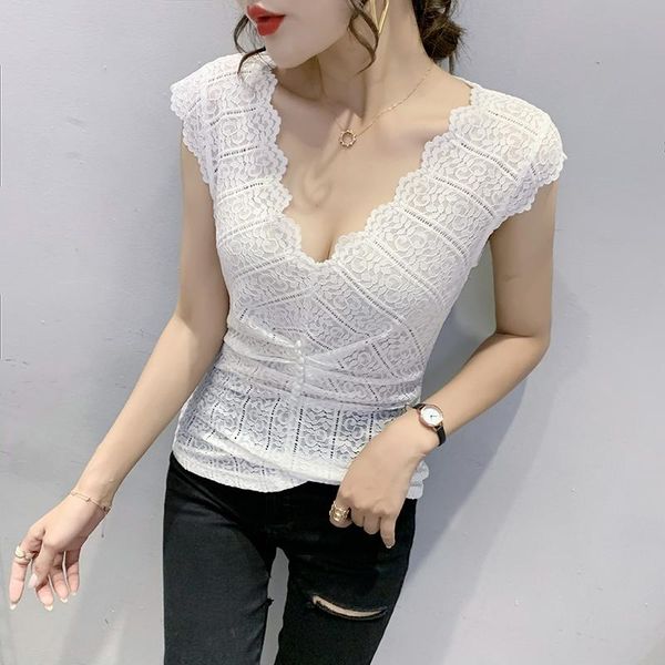 

women's t-shirt europe summer the lace v neck t shirt women short sleeve slim tshirt woman shirts large size sexy, White