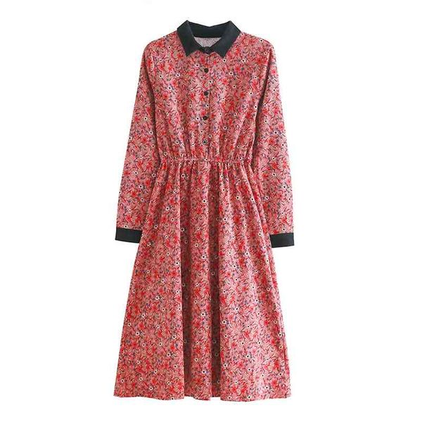 

red blue turn down collar long sleeve loose floral print button knee length shirt dress corduroy autumn d1436 210514, Black;gray