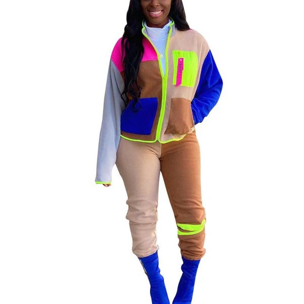 

women's two piece pants women long sleeve patchwork suits coat 2 sets contrast color casual office ladies outfits pockets zipper tracks, White