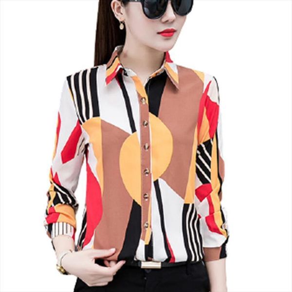 

geometric stitching autumn korean women blouses print lapel long sleeve buttons ladies large size office street 5xl, White