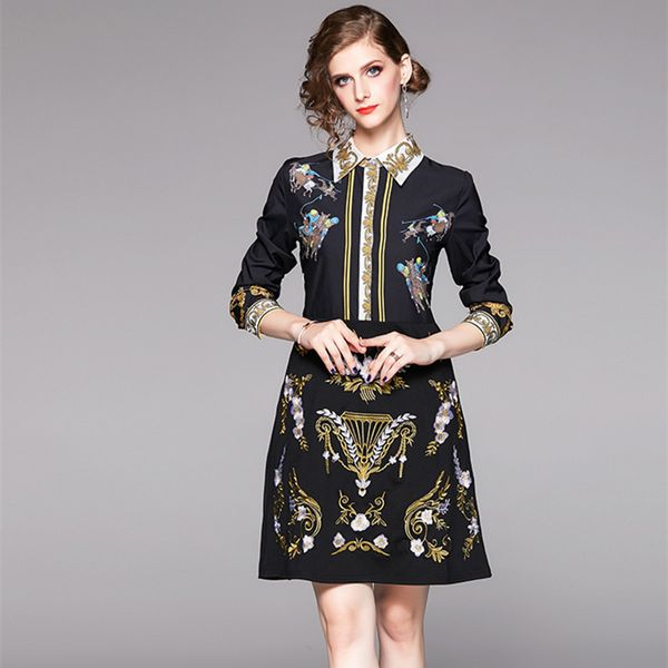 

women vintage printed flower embroidery summer black runway shirt vestido office single-breasted mini dress 210416, Black;gray