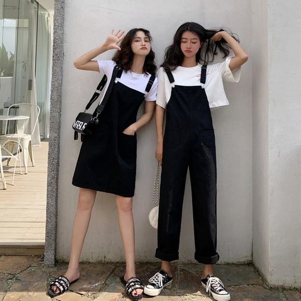 

korean version of denim womens romper overalls thin sloppy skirt girlfriend pure black and yellow wild college style, Black;white