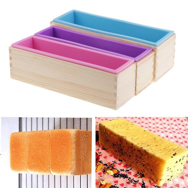 

craft tools 3x rectangle silicone soap loaf mold with wooden box diy chocolate cake bread mould for making 900ml/1200ml