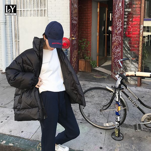 

down stand collar padded cotton coats new winter women loose drawstring hem windproof short thick warm outerwear, Black