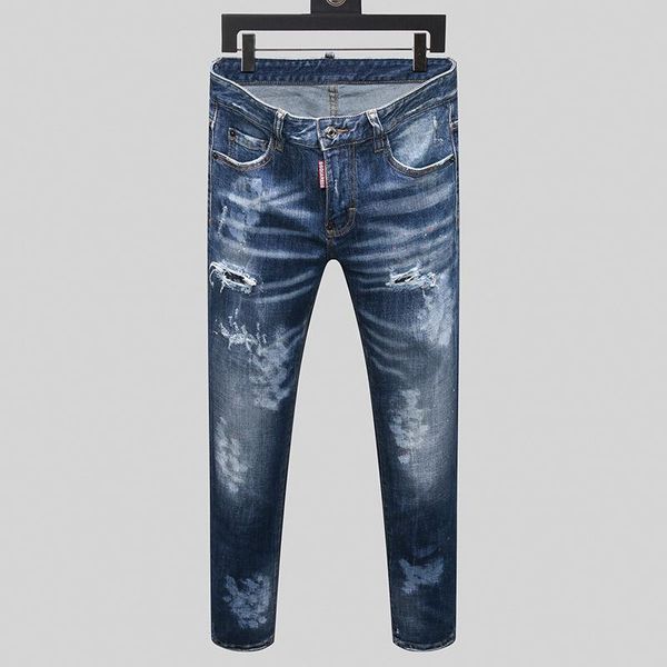 

brand european style mens slim elastic jeans men straight denim trousers zipper patchwork blue hole for 8165 men's