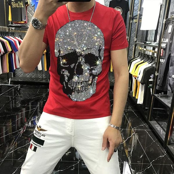 

men's t-shirts blue cotton 100% street hip-hop summer short-sleeved big skull diamond design t-shirt, White;black