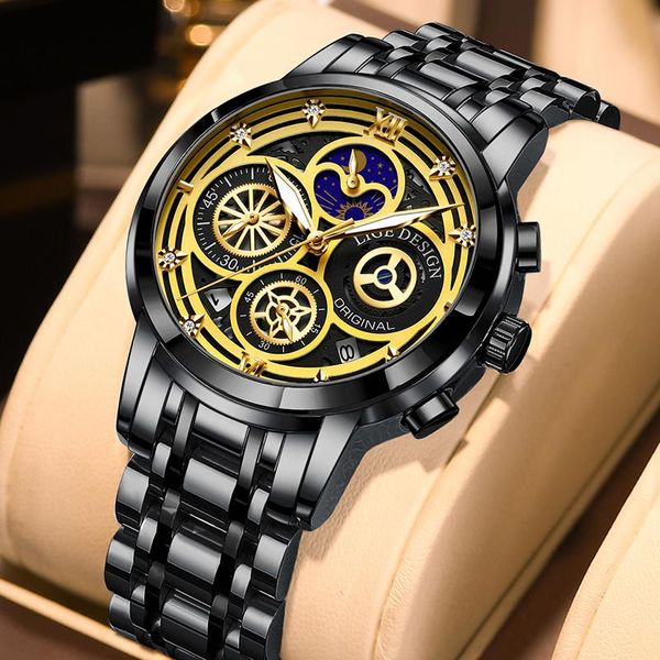 Relógios de pulso 2021 relógios dos homens lige Casual preto luxo cronógrafo de aço inoxidável Calendário assistir à prova d 'água luminosa relógio masculino + bo