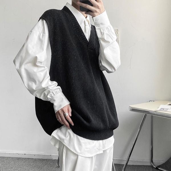 

men's vests man sweater vest oversize men women v-neck loose vintage pullover korean streetwear knitwear, Black;white