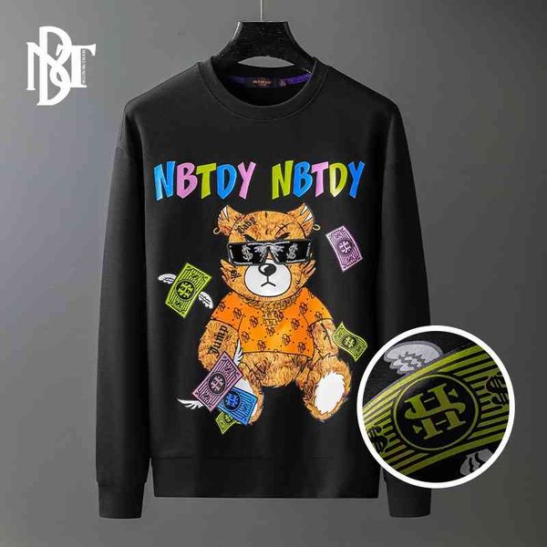 

2021 autumn winter new sweater bear cartoon printing loose trendy men's handsome pullover long sleeve top, Black